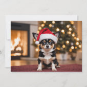 Schattig zwart Chihuahua met kerstmuts Feestdagenkaart (Voorkant)