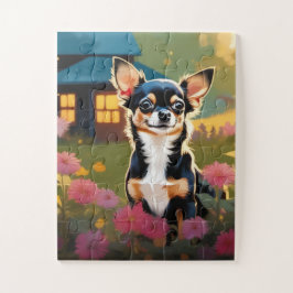Schattig Zwart Chihuahua Puppy met Wildbloemen Legpuzzel