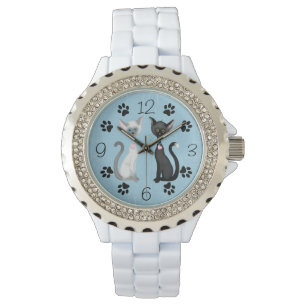 Schattig zwart en wit katten met Paw afdrukken op  Horloge
