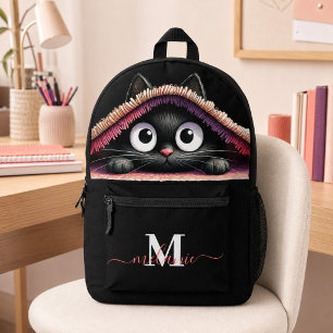 Schattig Zwart Katje Op Maat Gemaakte Monogram Naa Bedrukte Rugzak