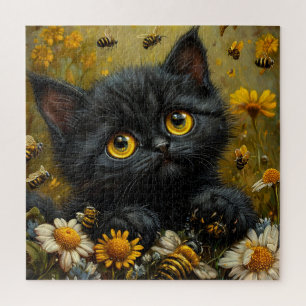 Schattig zwart katje tussen bloemen legpuzzel