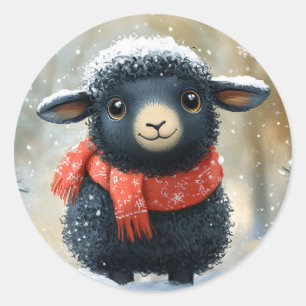 Schattig zwart lammetje met rode sjaal ronde sticker