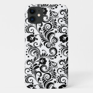 Schattig zwart wit bloemig achtergrondontwerp iPhone 11 hoesje