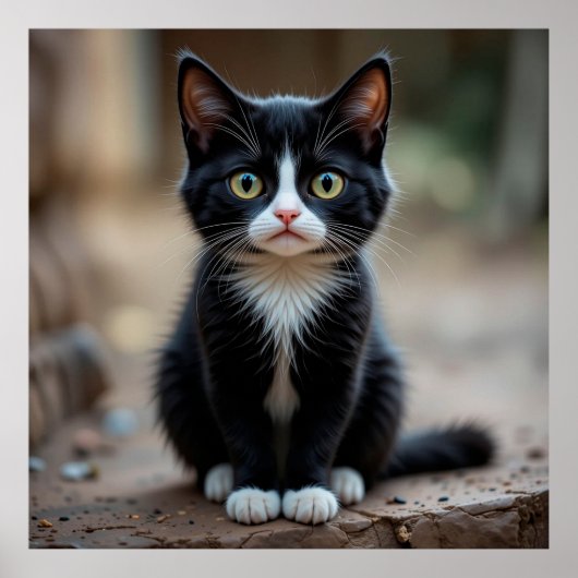 Schattig zwart-wit kitten buiten zitten poster (Voorkant)