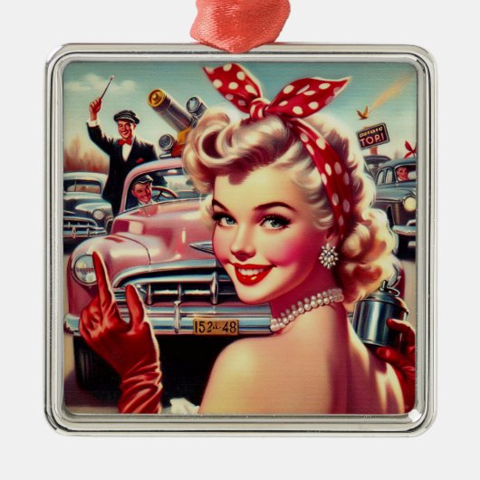 Schattige 1950s Meisje Metalen Ornament (Voorkant)