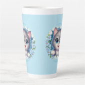 Schattige 3D Cat gluren door bloemenwandontwerp Latte Mok (Voorkant)
