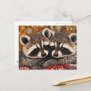Schattige Aandoenlijke Baby Wasberen op Rode Deken Briefkaart