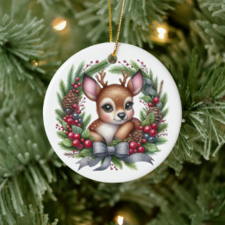 Schattige aangepaste hertenkerstkrans keramisch ornament