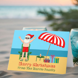 Schattige Aangepaste Zonnige Strand Kerstman Kerst Feestdagen Kaart
