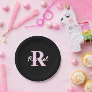Schattige aanpasbare monogram   Lichtroze & Zwart Papieren Bordje
