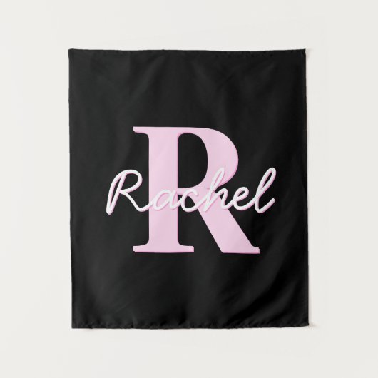 Schattige aanpasbare monogram | Lichtroze & Zwart Wandkleed (Voorkant)