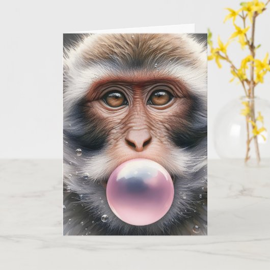 Schattige Aap Blowing Bubbles Bubble Gum Blank Kaart (Gele Bloem)