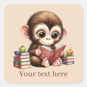 Schattige aap boek liefhebbers voeg tekst toe vierkante sticker