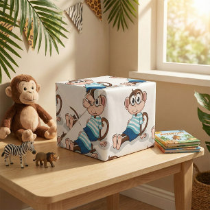 Schattige aap in blauw gestreept shirt en korte br cadeaupapier