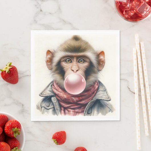Schattige Aap In Sjaal En Jas Bubble Gum Servet (Insitu)