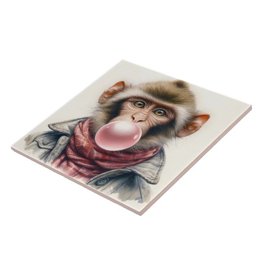 Schattige Aap In Sjaal En Jas Bubble Gum Tegeltje (Zijkant)