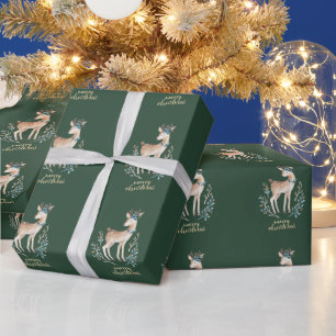 Schattige Aardige Rendieren Groene Kerstmis Cadeaupapier