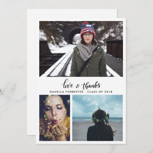 Schattige Afstuderen Bedankt Script drie foto's Aankondiging (Voorkant / Achterkant)