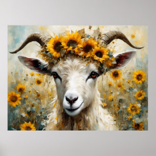 Schattige Angora Geit in de Zonnebloemenvelden Poster