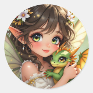 Schattige Anime Fee en Chibi Draak Ronde Sticker
