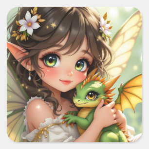 Schattige Anime Fee en Chibi Draak Vierkante Sticker