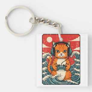 Schattige Anime Gamer Kat Japanse Gaming Retro Sleutelhanger