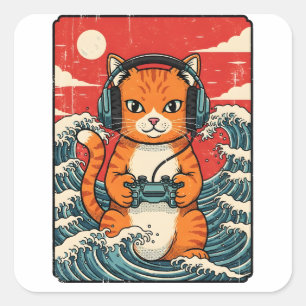 Schattige Anime Gamer Kat Japanse Gaming Retro Vierkante Sticker