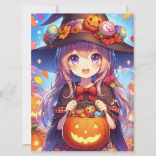 Schattige Anime Halloween Heks Feestdagenkaart