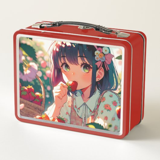 Schattige anime meisje eten aardbeien (Achterkant)