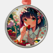 Schattige anime meisje eten aardbeien metalen ornament (Voorkant)
