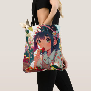 Schattige anime meisje eten aardbeien Zomerdag Draagtas