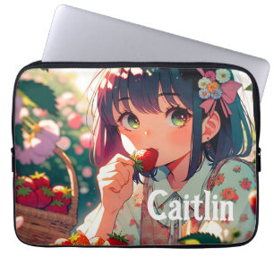 Schattige anime meisje eten aardbeien   Zomerdag Laptop Sleeve