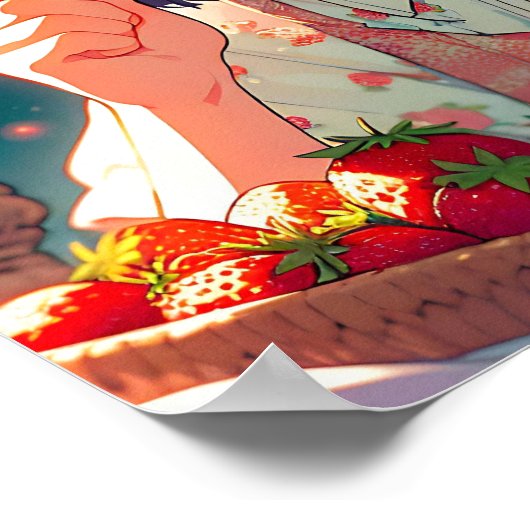 Schattige anime meisje eten aardbeien | Zomerdag Poster (Hoek)