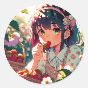 Schattige anime meisje eten aardbeien Zomerdag Ronde Sticker
