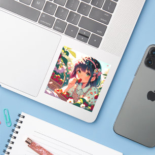 Schattige anime meisje eten aardbeien Zomerdag Sticker