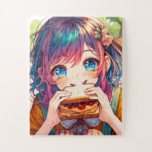 Schattige anime meisje eten een pindakaas en gelei legpuzzel