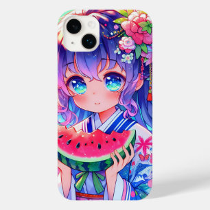 Schattige anime meisje eten watermeloen op een zom Case-Mate iPhone 14 plus hoesje