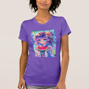 Schattige anime meisje eten watermeloen op een zom t-shirt