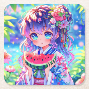 Schattige anime meisje eten watermeloen op een zom vierkante kartonnen onderzetter