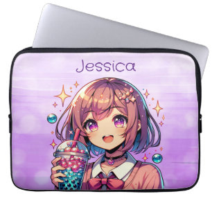 Schattige Anime Meisje Holding Bubble Tea Geperson Laptop Sleeve