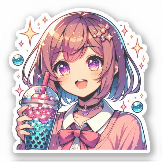 Schattige Anime Meisje Holding Bubble Tea Sticker (Voorkant)