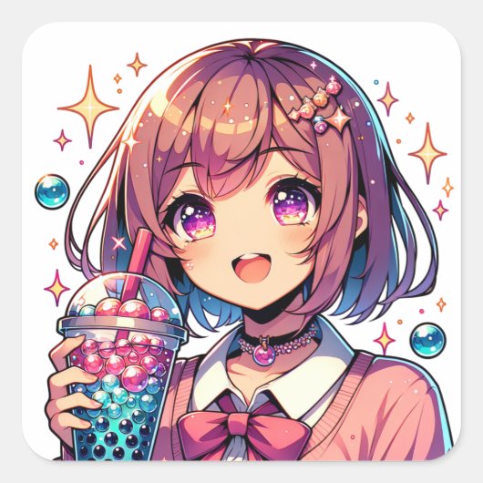 Schattige Anime Meisje Holding Bubble Tea Vierkante Sticker (Voorkant)