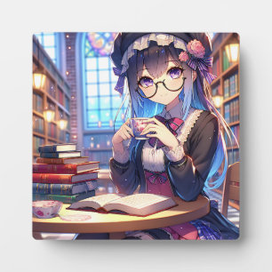 Schattige anime meisje in een bril lezen fotoplaat