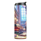 Schattige anime meisje in een bril lezen thermosbeker (Gedraaid links)