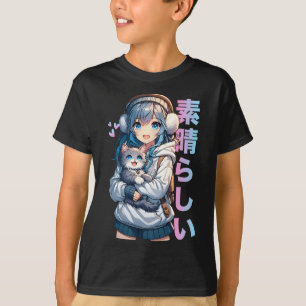 Schattige anime meisje met een kat voor kattenlief t-shirt