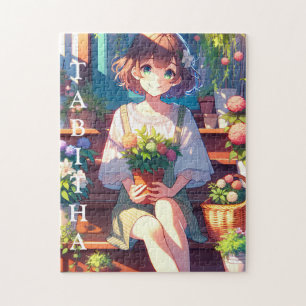 Schattige Anime Meisje met een Plant Gepersonalise Legpuzzel