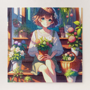 Schattige Anime Meisje met een Plant Legpuzzel
