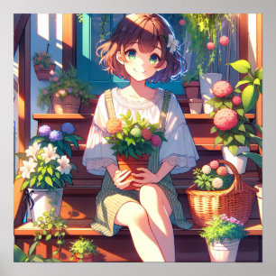 Schattige Anime Meisje met een Plant Poster