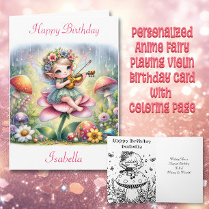 Schattige anime meisje met viool op paddenstoelver kaart