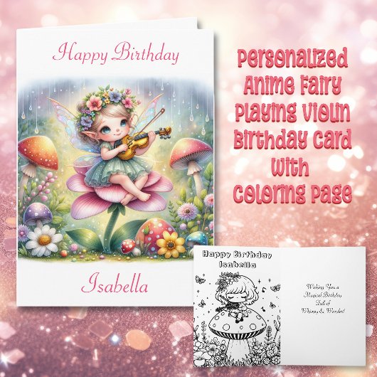 Schattige anime meisje met viool op paddenstoelver kaart